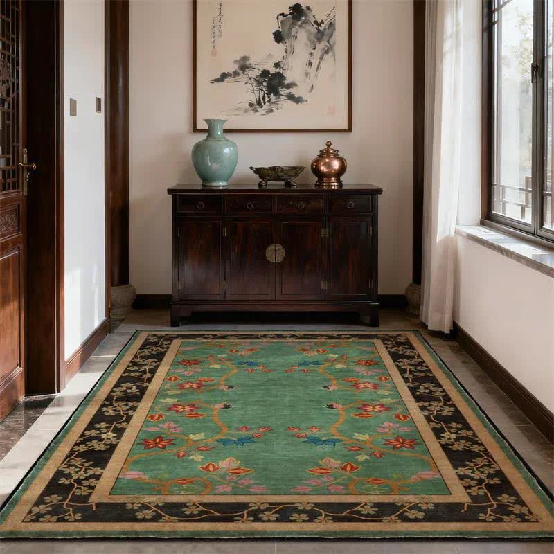Green Ownkoti Retro Botanical Motif Washable amp Foldable Carpet Breathable