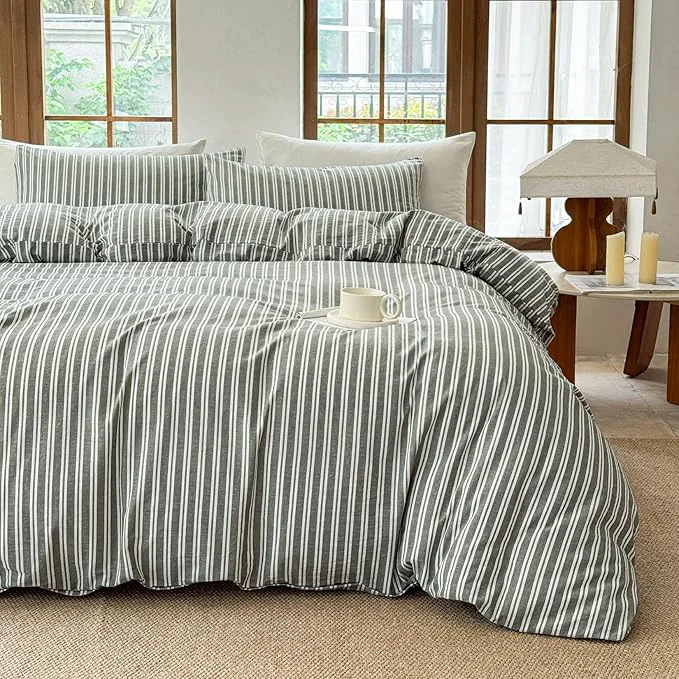 Trusted Striped Duvet Cover Set Washed Cotton Linen Like Soft Feelling Breathable Bedding Olive Green White Strip Twin Genuine