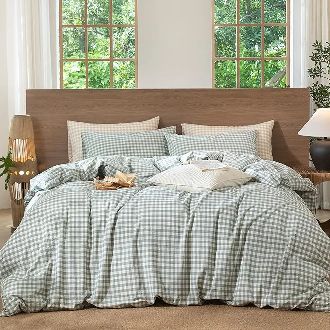Relaxed MooMee Gingham Duvet Cover Set Washed Cotton Linen Like Textured Breathable Durable Soft Comfy Modern Checkered Design Sage Green Gingham Palatial King Oversized King 120 quot x98 quot Consistent