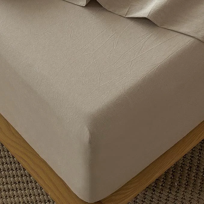 Unique MooMee Fitted Bottom Sheet Only Washed Cotton Linen Like Textured Breathable Durable Soft Comfy Deep Pocket Fits Mattress up to 17 quot Mocha Brown King Premium