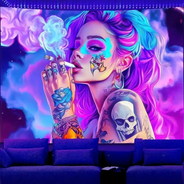 Long-Lasting Smoking Girl Wall Art – Neon Tapestry Enhanced