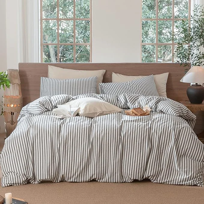 Flexible MooMee Striped Duvet Cover Set Washed Cotton Linen Like Textured Breathable Durable Soft Comfy Dark Grey White Classic Stripes Super King 108 quot x98 quot Exclusive