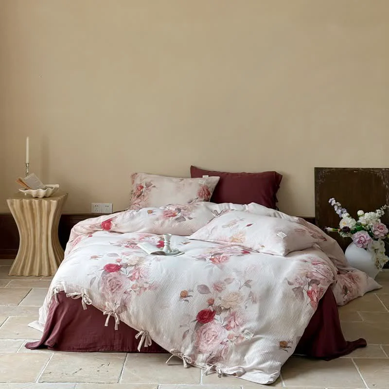 Smooth Ownkoti Elegant Rose Cotton Tie-Closure Bedding Set 4PCS Official