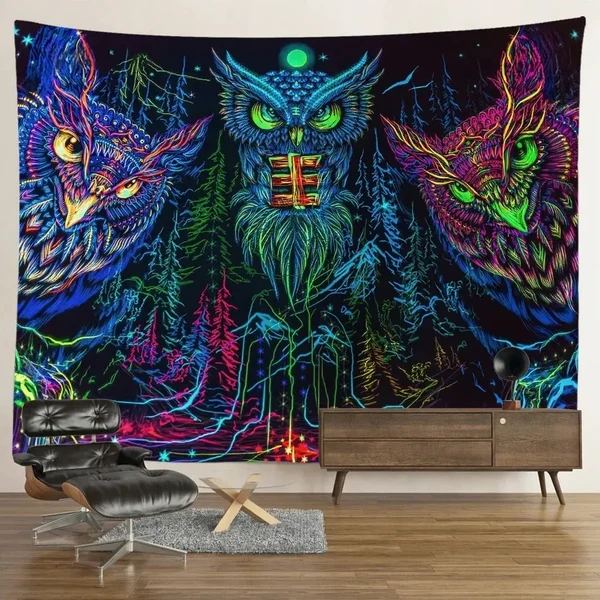 Top-Quality UV Owl Black Light Tapestry High-Quality