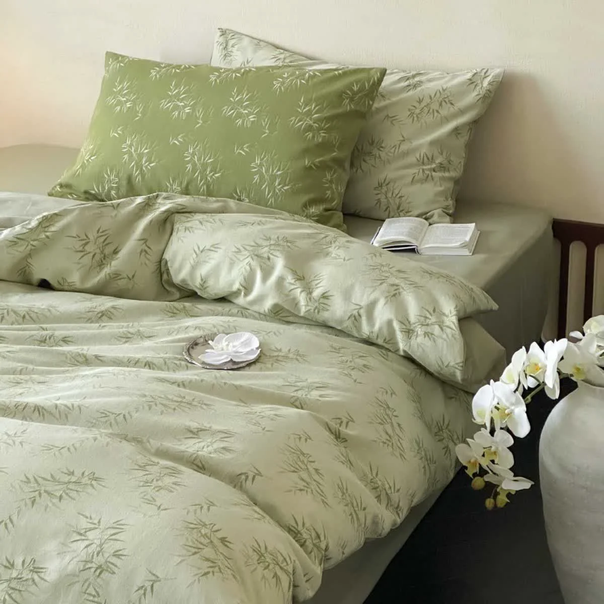 Breathable Ownkoti Oriental Bamboo Leaf Jacquard Cotton Bedding Set 4PCS Luxury
