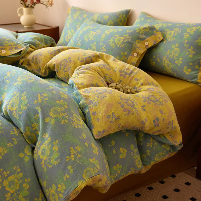 Superior Ownkoti Green amp Yellow Rose Cotton Gauze Bedding Clean