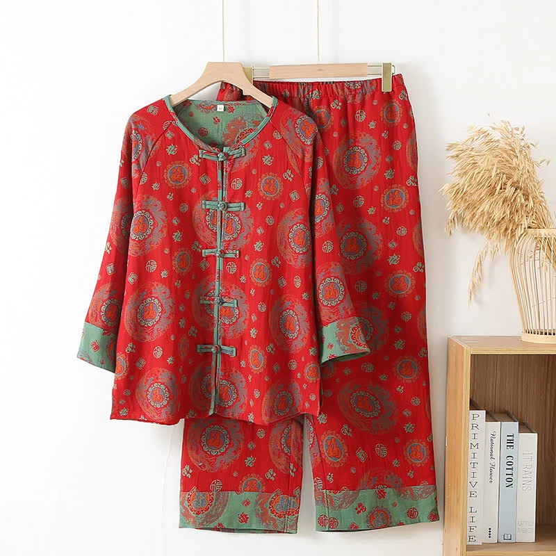 Sophisticated Ownkoti Oriental Circular Fu Motif Cotton Loungewear Set Sustainable