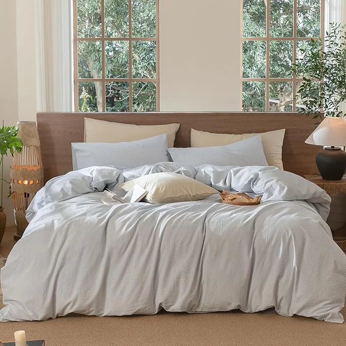 Advanced MooMee Striped Duvet Cover Set Washed Cotton Linen Like Textured Breathable Durable Soft Comfy Cornflower Blue White Pinstripes Full 80 quot x90 quot User-Friendly