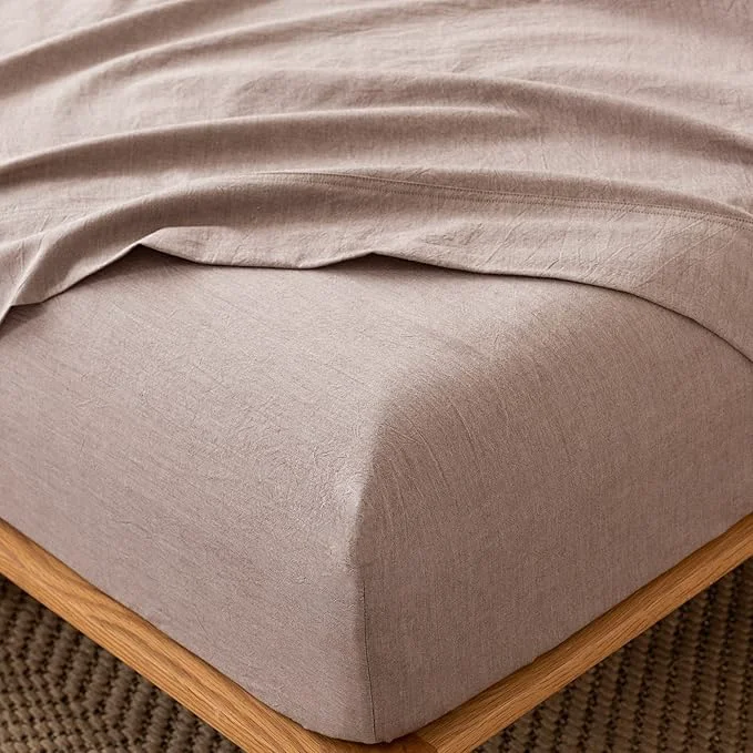 Carefully Designed MooMee Fitted Bottom Sheet Only Washed Cotton Linen Like Textured Breathable Durable Soft Comfy Deep Pocket Fits Mattress up to 17 quot Mauve Brown Queen Long-Lasting