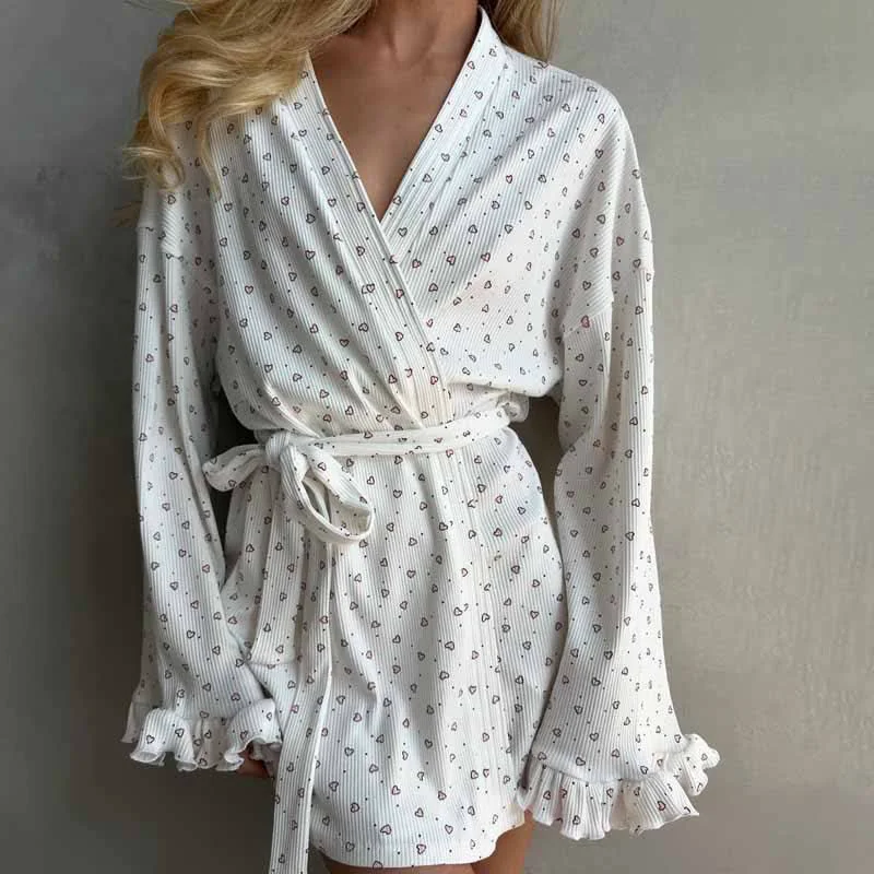 Flexible Ownkoti Heart Print Long Sleeve Short Kimono Robe Reusable