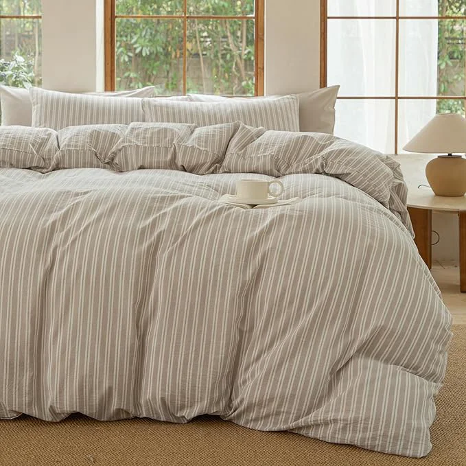 Detailed Striped Duvet Cover Set Washed Cotton Linen Like Bedding Set Breathable Durable Comfy Strip-Tannish Linen Grey White King Original