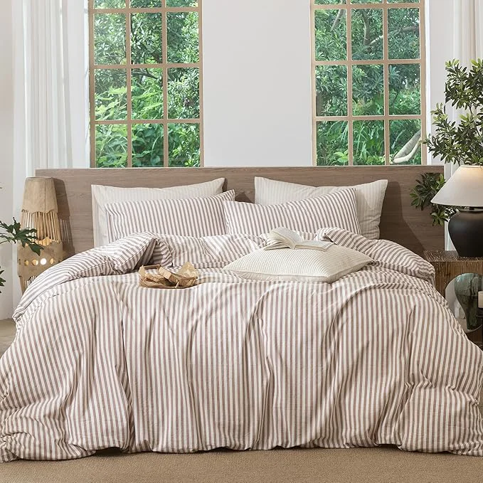 Casual MooMee Striped Duvet Cover Set Washed Cotton Linen Like Textured Breathable Durable Soft Comfy Orange Classic Stripes Twin 68 quot x90 quot Outstanding