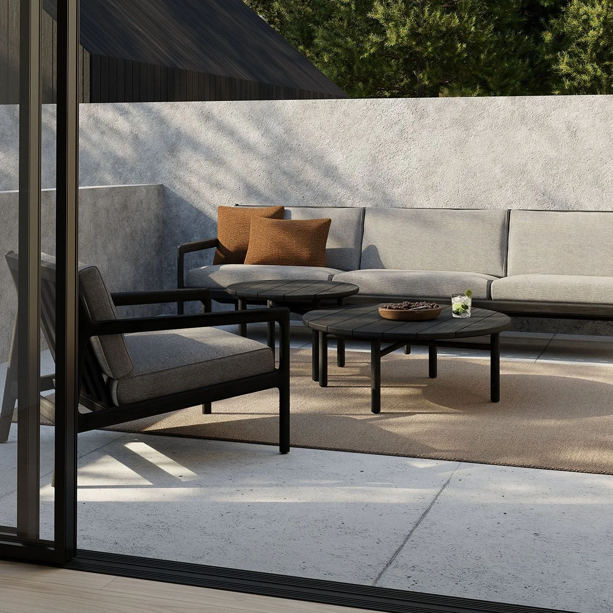 Relaxed Jack Solid Black Teak Outdoor 3 Seater Sofa Mocha Fabric Reusable