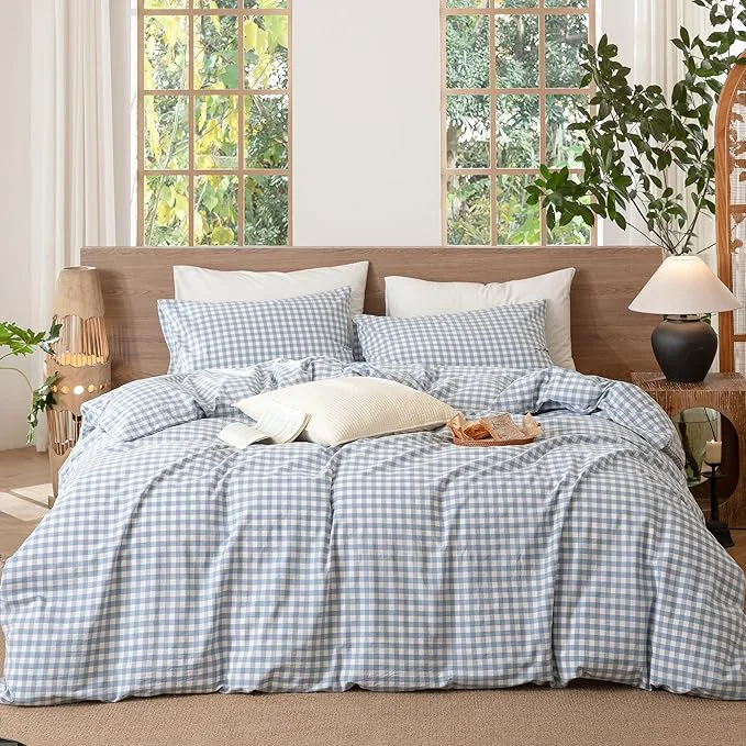 Prestigious MooMee Gingham Duvet Cover Set Washed Cotton Linen Like Textured Breathable Durable Soft Comfy Modern Checkered Design Classic Gingham Cornflower Blue Palatial King Oversized King 120 quot x98 quot Casual