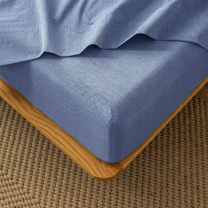 Premium MooMee Fitted Bottom Sheet Only Washed Cotton Linen Like Textured Breathable Durable Soft Comfy Deep Pocket Fits Mattress up to 17 quot Blue Queen New Reliable