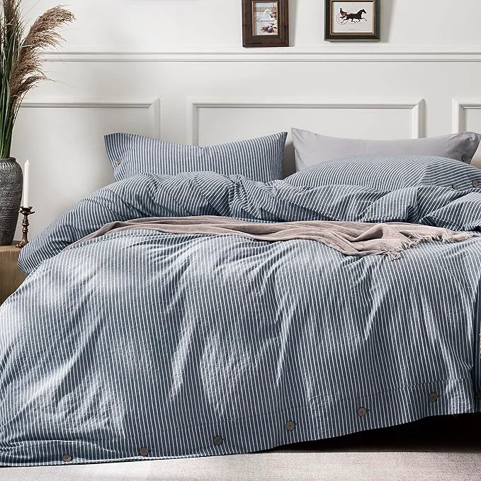 Elite JELLYMONI Cotton Duvet Cover Queen Size - Blue Vertical Pinstriped Comforter Cover with Button Washed Cotton 3PCS Breathable Soft Solid Bedding Set Duvet Cover 90×90in amp 2 Pillowcases Exclusive