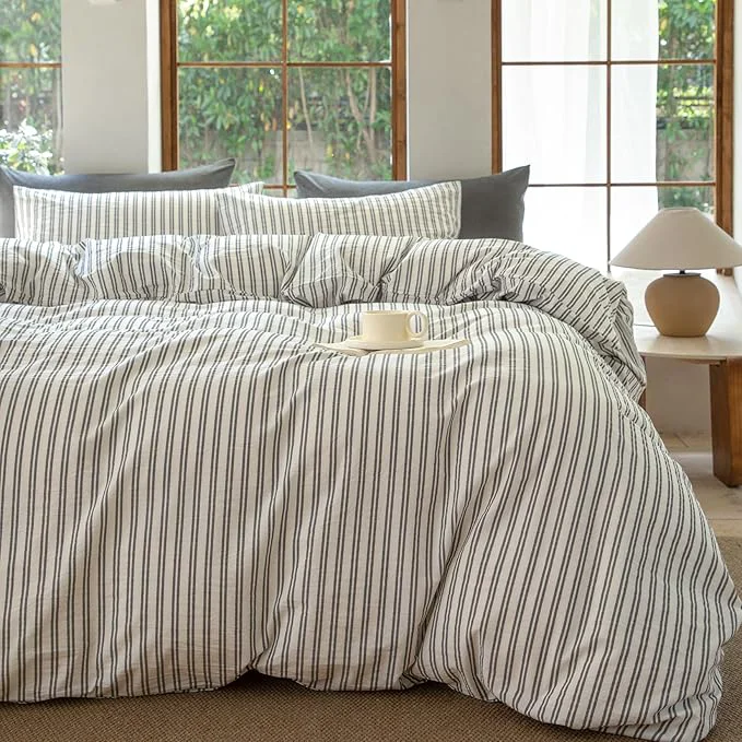 Reliable Striped Duvet Cover Set Washed Cotton Line Like Breathable Trendy Bedding Set Strip-White Black Queen Recyclable