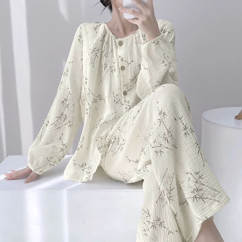Premium Material Ownkoti Bamboo Print Double Gauze Cotton Loungewear Set Fast