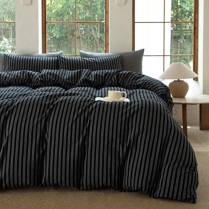 Effective Striped Duvet Cover Set Washed Cotton Linen Like Soft Feelling Breathable Bedding Strip-Black White King High-Performance