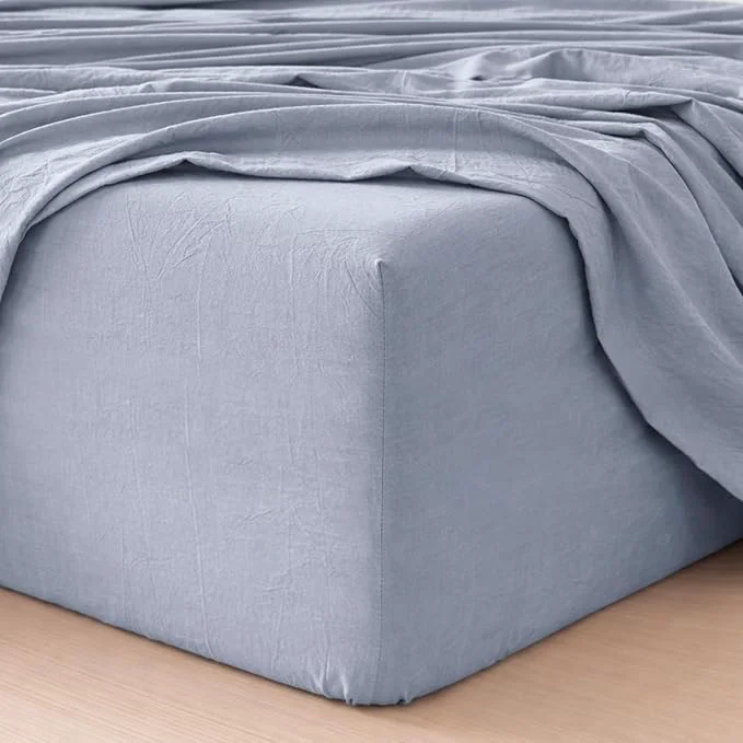 Recyclable MooMee Fitted Bottom Sheet Only Washed Cotton Linen Like Textured Breathable Durable Soft Comfy Deep Pocket Fits Mattress up to 17 quot Cornflower Blue California King Safe