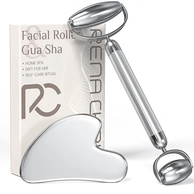 Secure Rena Chris Gua Sha and Face Roller Set Anti-Breakage Stainless Steel Roller Prestigious