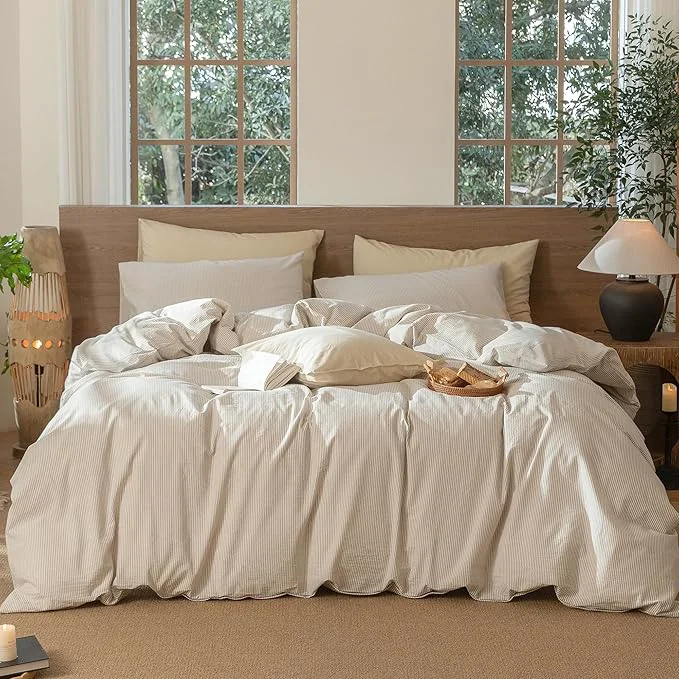High-Quality MooMee Striped Duvet Cover Set Washed Cotton Linen Like Textured Breathable Durable Soft Comfy Tannish Linen Grey White Pinstripes Queen 90 quot x90 quot Reliable