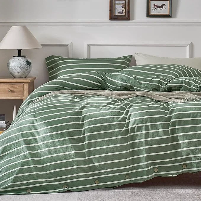 Premium Material JELLYMONI Cotton Duvet Cover King Size - Green Striped Comforter Cover with Button Washed Cotton 3PCS Breathable Soft Solid Bedding Set Duvet Cover 104×90in amp 2 Pillowcases NO Comforter Premium
