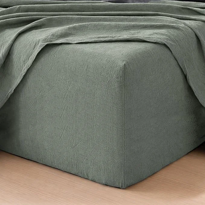Carefully Designed MooMee Fitted Bottom Sheet Only Washed Cotton Linen Like Textured Breathable Durable Soft Comfy Deep Pocket Fits Mattress up to 17 quot Heathered Green King Original