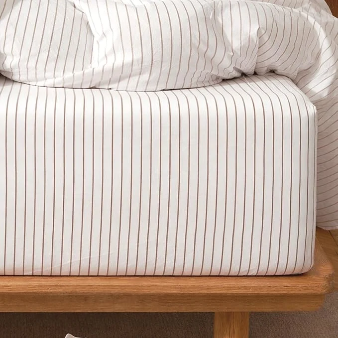 High-End MooMee Stripes Fitted Bottom Sheet Only Washed Cotton Linen Like Textured Breathable Durable Soft Comfy Deep Pocket White Orange Wide Stripes King Luxury
