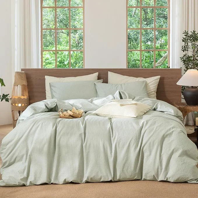 Certified MooMee Striped Duvet Cover Set Washed Cotton Linen Like Textured Breathable Durable Soft Comfy Sage Green White Pinstripes Queen 90 quot x90 quot First-Class