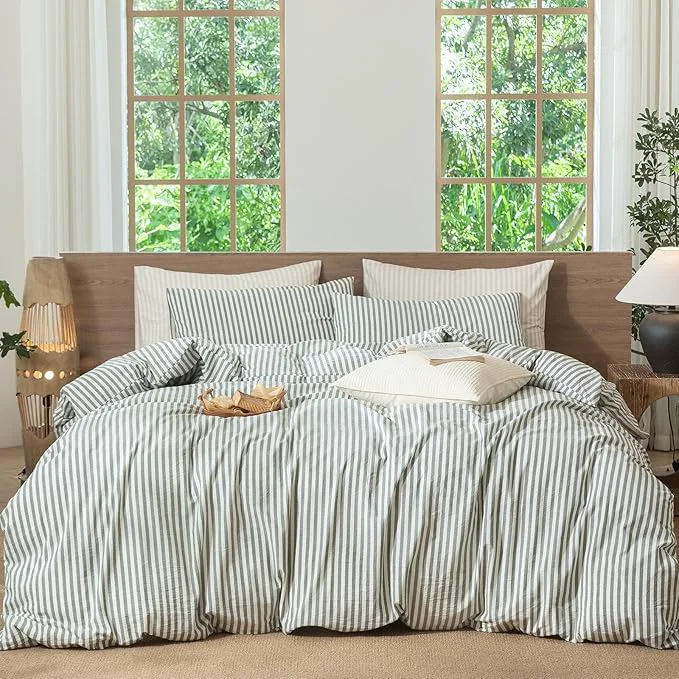 Reliable MooMee Striped Duvet Cover Set Washed Cotton Linen Like Textured Breathable Durable Soft Comfy Heathered Green Classic Stripes Queen 90 quot x90 quot Easy-to-Use