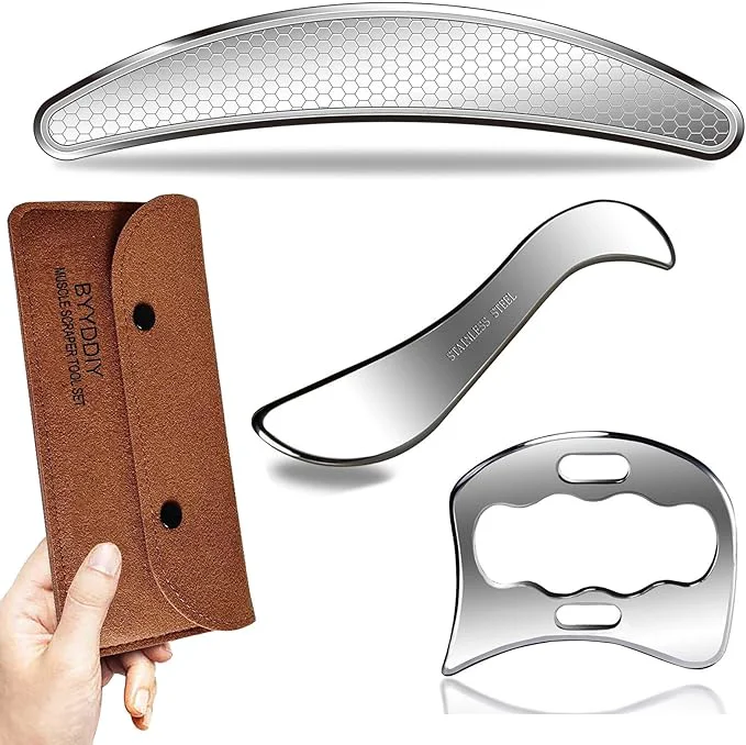 Detailed BYYDDIY 3 in 1 Stainless Steel Muscle Scraper Tools Set Scraping Massage Tools Fine Crafted