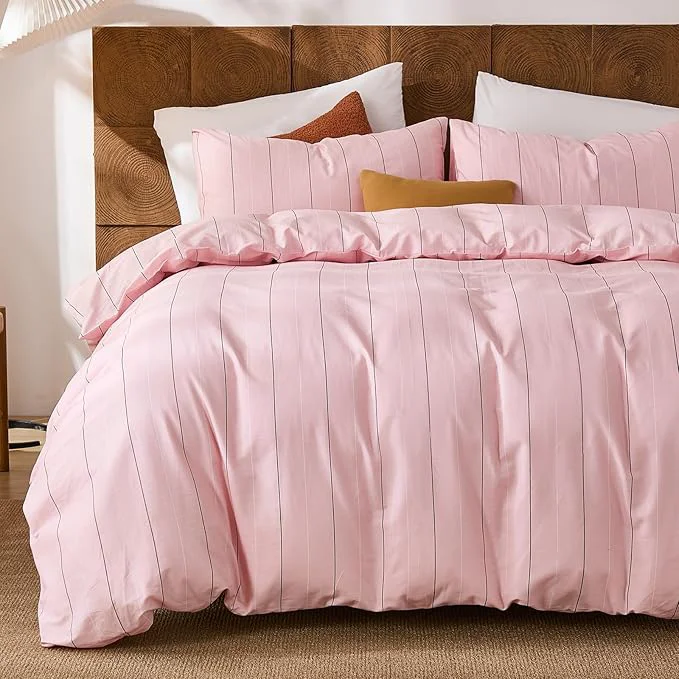 Long-Lasting Merryword Pink Striped Duvet Cover Set Queen Size - Cotton Bedding Set with Wide Zipper amp 8 Corner Ties Soft Breathable Bedding Set Elegant Pastel Comforter Cover for All Seasons Organic