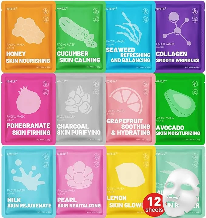 Fashionable KONEUK 12 Pack Collagen Hydrating Face Masks Skincare Sheet Face Mask Recyclable