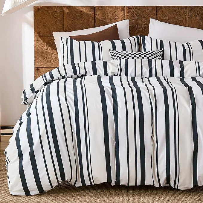 Premium Merryword Black and White Striped Duvet Cover Set Queen Size - Cotton Duvet Cover Set with Vertical Stripe Design Soft Breathable Comforter Cover for All Seasons Clean