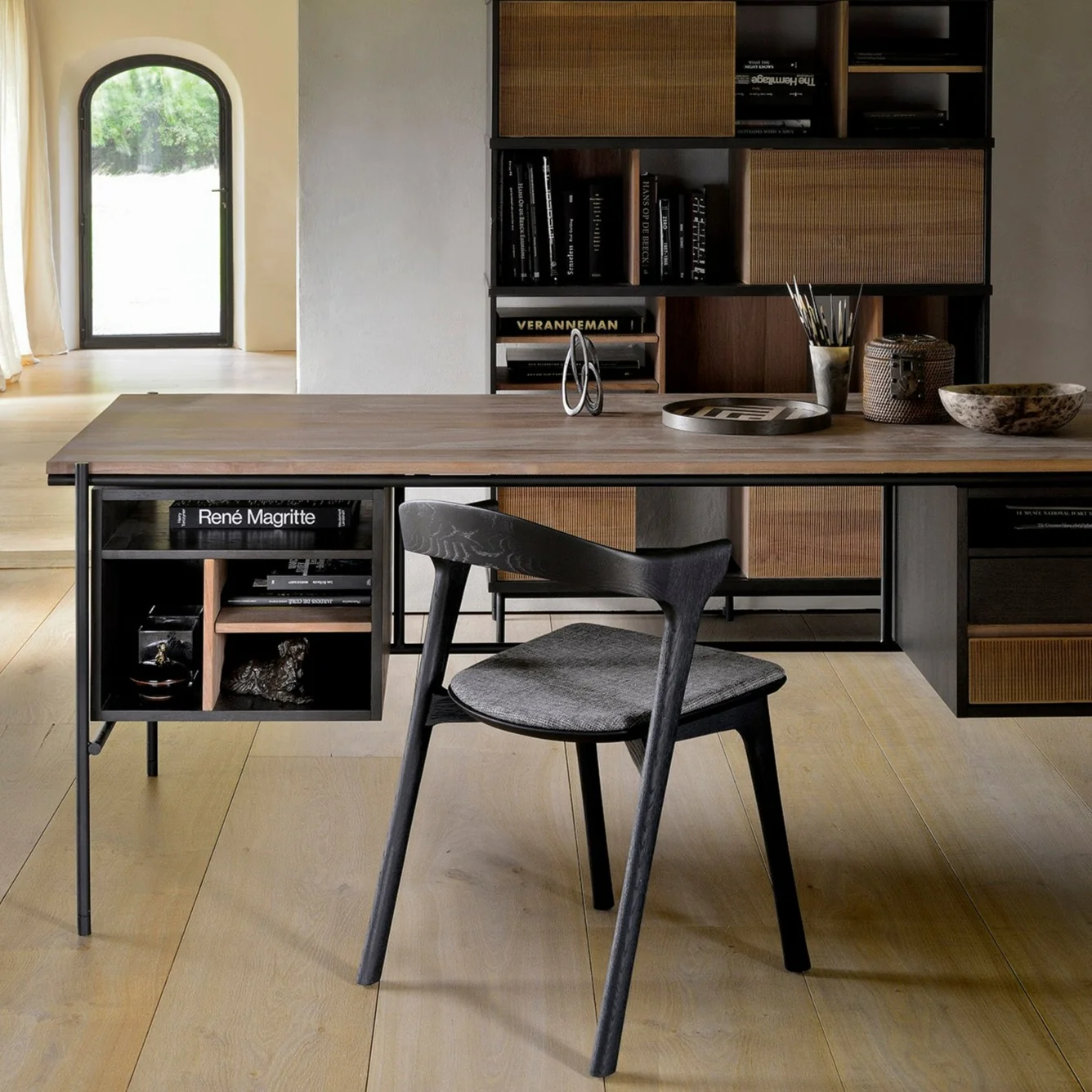 Environmentally Friendly Bok Solid Black Oak Dining Chair with Grey Fabric Cushion Healthy
