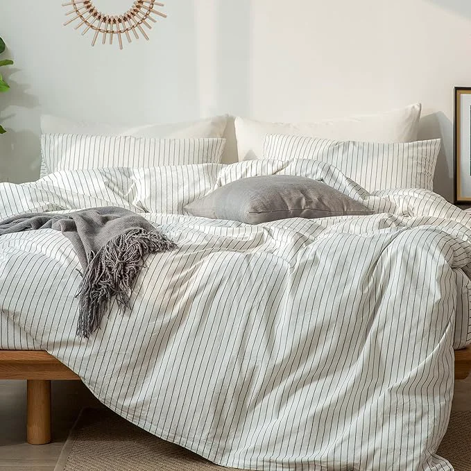 Unique MooMee Striped Duvet Cover Set Washed Cotton Linen Like Textured Breathable Durable Soft Comfy White Dark Grey Wide Stripes Oversized Full 82 quot x86 quot Traditional