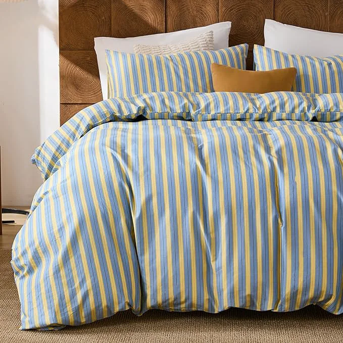 Elegant Merryword Cotton Duvet Cover Set Queen Size Blue amp Yellow Striped Bedding Set with Zipper Closure and 8 Corner Ties Modern Coastal Style Comforter Cover Set 3 Pieces Smart