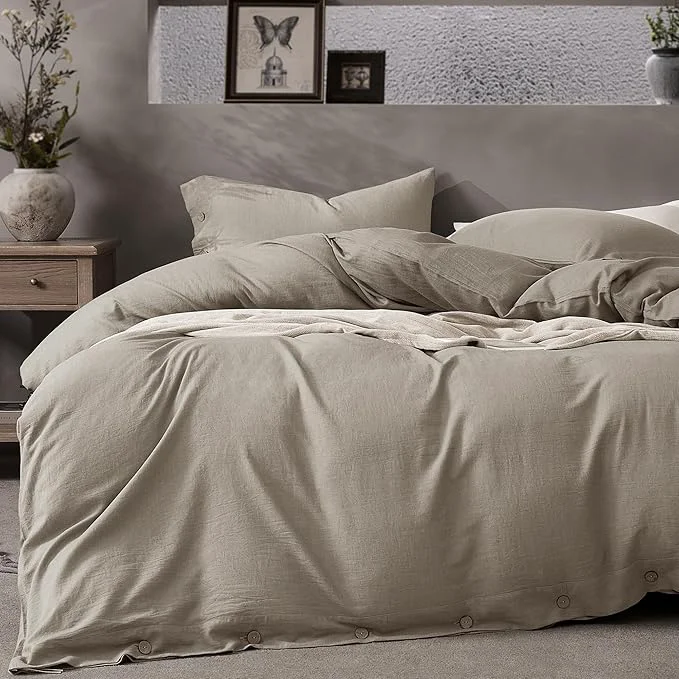 Clean JELLYMONI Cotton Duvet Cover Full Size - Taupe Comforter Cover with Button Washed Cotton 3PCS Breathable Soft Solid Bedding Set Duvet Cover 80×90in amp 2 Pillowcases NO Comforter Long-Lasting