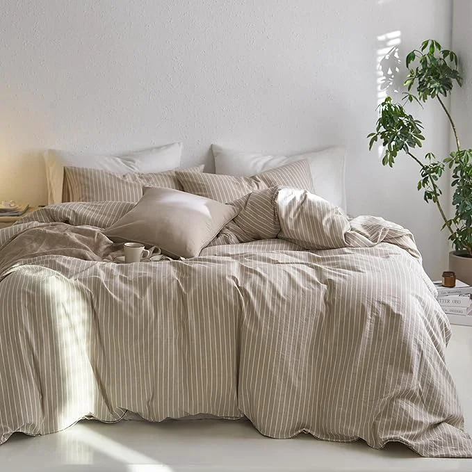 Clean MooMee Striped Duvet Cover Set Washed Cotton Linen Like Textured Breathable Durable Soft Comfy Tannish Linen Grey White Wide Stripes Oversized King Plus 128 quot x120 quot Casual