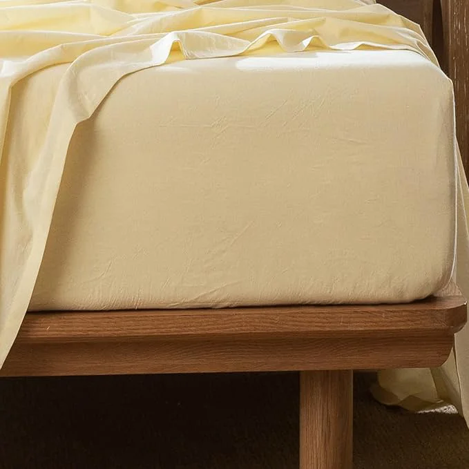 Genuine MooMee Fitted Bottom Sheet Only Washed Cotton Linen Like Textured Breathable Durable Soft Comfy Deep Pocket Fits Mattress up to 17 quot Heathered Butter Yellow Twin High-Grade