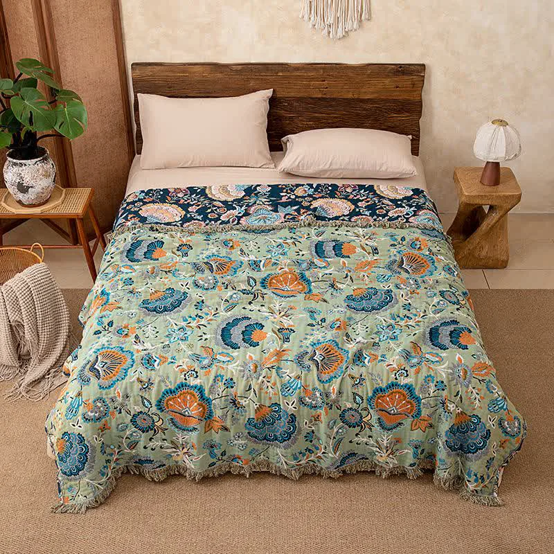 Minimalist Ownkoti Boho Floral Tassel Cotton Quilt Blanket Contemporary