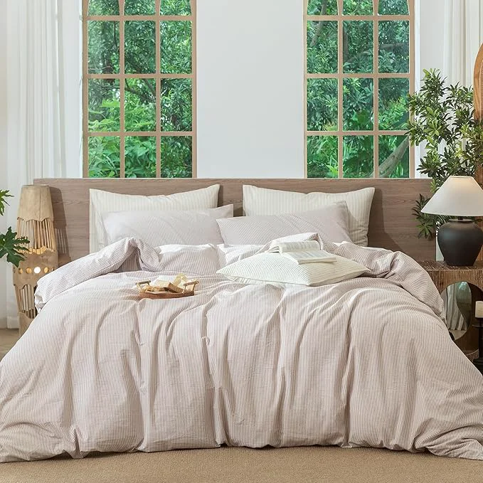 Fine MooMee Striped Duvet Cover Set Washed Cotton Linen Like Textured Breathable Durable Soft Comfy Orange Pinstripes Super King 108 quot x98 quot Modern