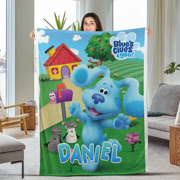 High-Quality Personalized Blue s Clues Blanket – Custom Cartoon Flannel Throw for Kids Bedroom Premium