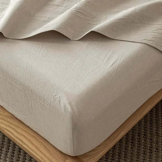 Effective MooMee Fitted Bottom Sheet Only Washed Cotton Linen Like Textured Breathable Durable Soft Comfy Deep Pocket Fits Mattress up to 17 quot Tannish Linen Grey California King Long-Lasting