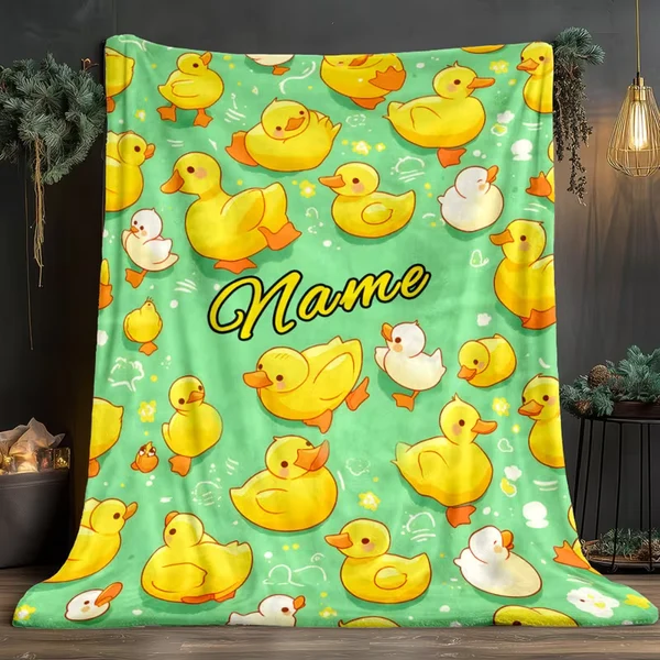 Casual Personalized Yellow Duck Blanket – Custom Name Flannel Throw Blanket for Kids Long-Lasting