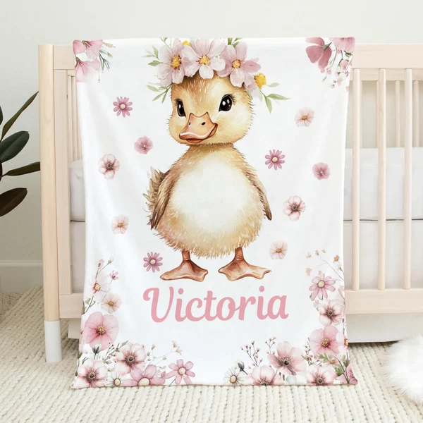 Organic Personalized Baby Duckling Farm Blanket – Custom Name Blanket for Kids amp Nursery Gift Durable