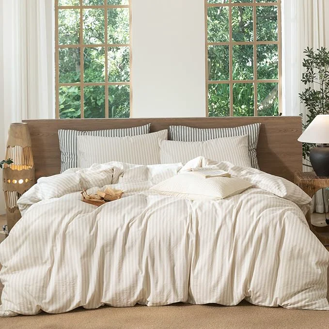 Functional MooMee Striped Duvet Cover Set Washed Cotton Linen Like Textured Breathable Durable Soft Comfy Almond Milk Grey Classic Stripes Oversized Full 82 quot x86 quot Long-Lasting