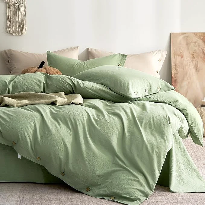 Modern JELLYMONI Washed Cotton Duvet Cover Twin – Soft Breathable Linen-Look Bedding with Natural Wrinkle Texture Button Closure 2-Piece Set Mint Green 68 quot x90 quot Luxury