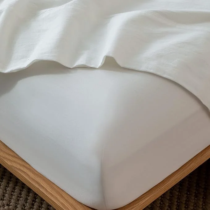 Sustainable MooMee Fitted Bottom Sheet Only Washed Cotton Linen Like Textured Breathable Durable Soft Comfy Deep Pocket Fits Mattress up to 17 quot Off White King Versatile
